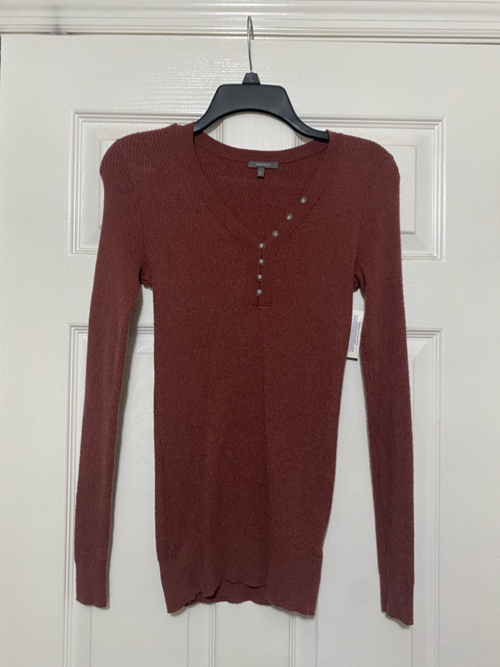 Ribbed V-Neck Henley Long Sleeve Top - Deep Purple